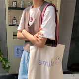 Smiling Face Embroidered Shoulder Handbag Large Capacity Student Shopping Bag