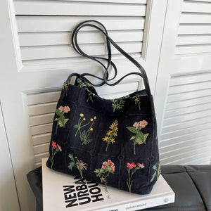 Large Flowers Tote Bag for Women Embroidery Canvas Purse Handbag