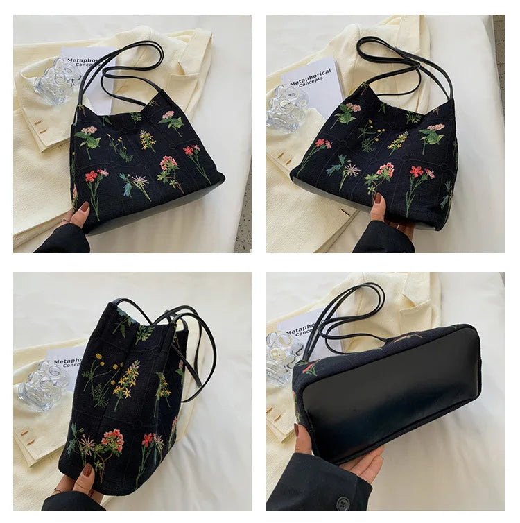 Large Flowers Tote Bag for Women Embroidery Canvas Purse Handbag