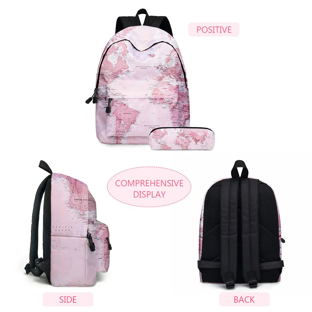 Europe & America Map School Bags for Girls Waterproof Bookbag