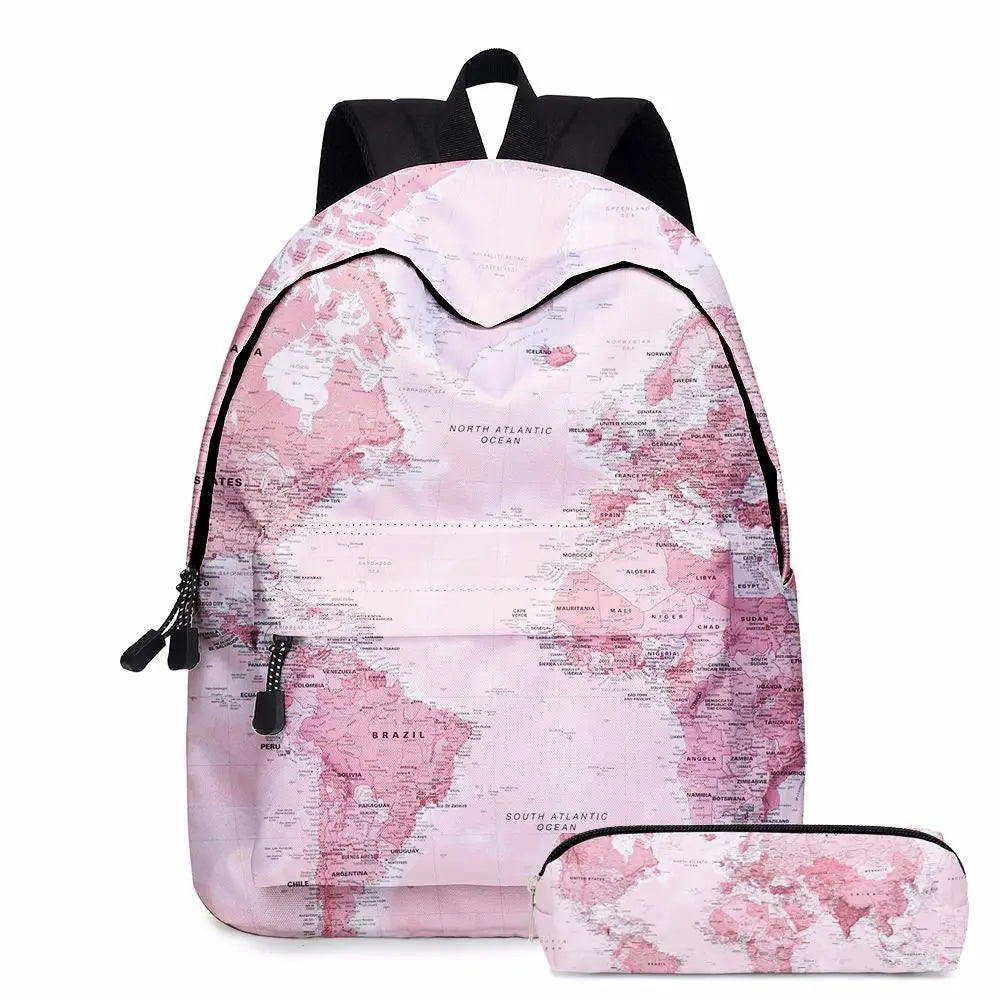 Europe & America Map School Bags for Girls Waterproof Bookbag