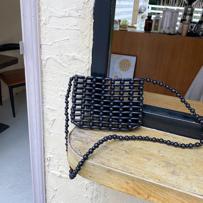 Resin Beaded Knit Flap Bag Hollow Out Crossbody Phone Bag