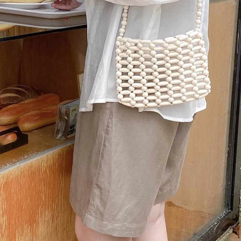 Resin Beaded Knit Flap Bag Hollow Out Crossbody Phone Bag