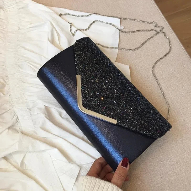 Sequins PU Leather Clutch Bag Magnetic Buckle Glitter Party Dinner