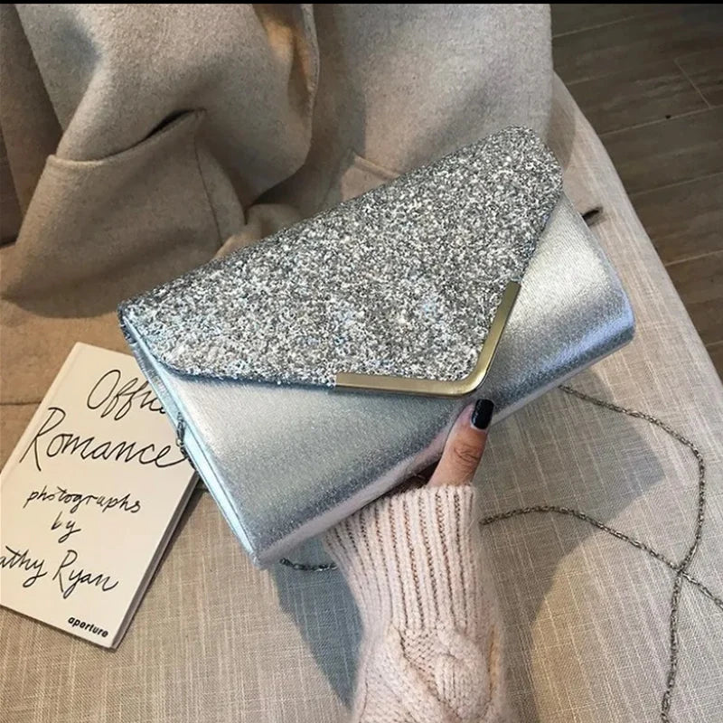 Sequins PU Leather Clutch Bag Magnetic Buckle Glitter Party Dinner
