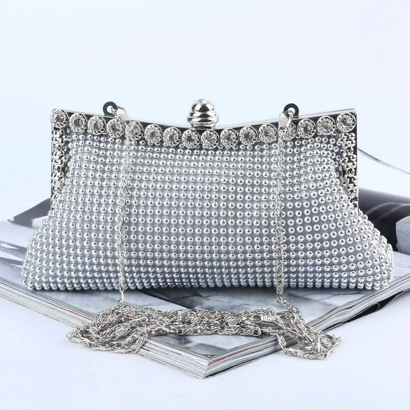 Glitter Bead Evening Clutch Bag Silver Handbag