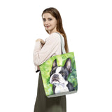 Oil Painting Dog Print Grocery Shopping Bag Papillon Pug Retriever Women Handbag