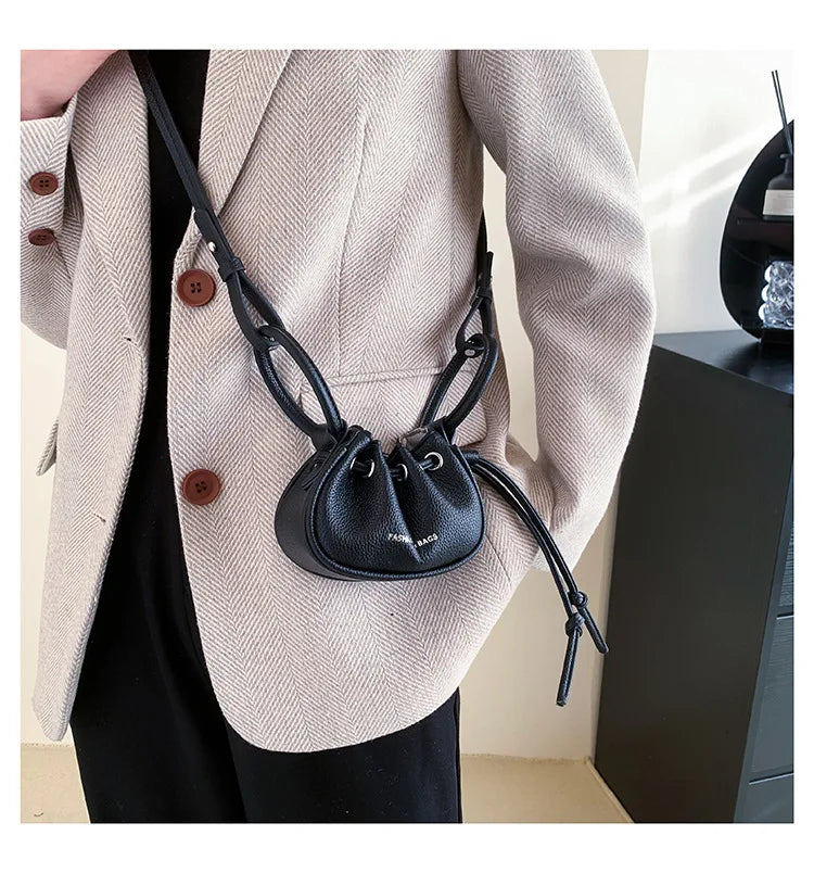 Ruched Drawstring Handbag Soft Leather Crossbody Bag