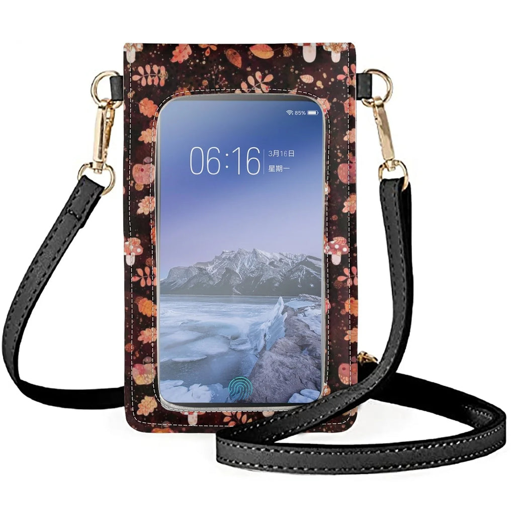 Brown Leaves Mushroom Shoulder Bag Women's Leather Phone Bag