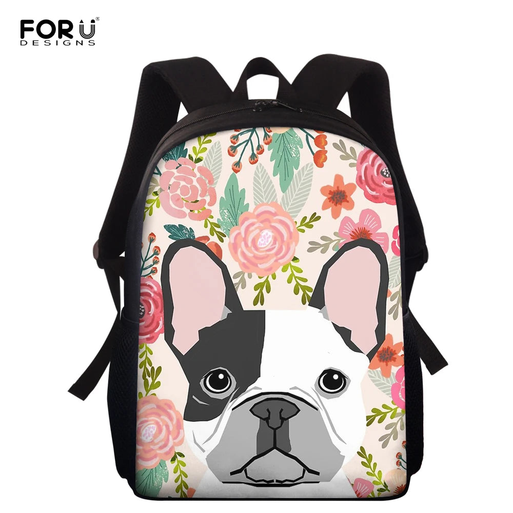 Floral Dog Print 15in Kids School Bag Kindergarten Small Bag Boys Girls