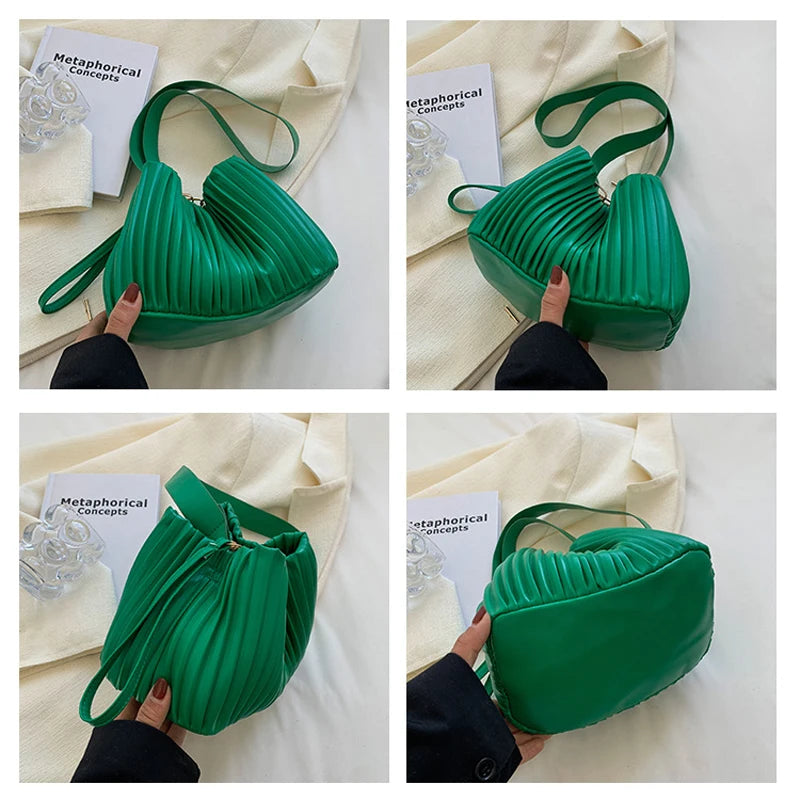 Pleated Stripe Bucket Bag Women Shoulder Bag PU Leather Crossbody Bags