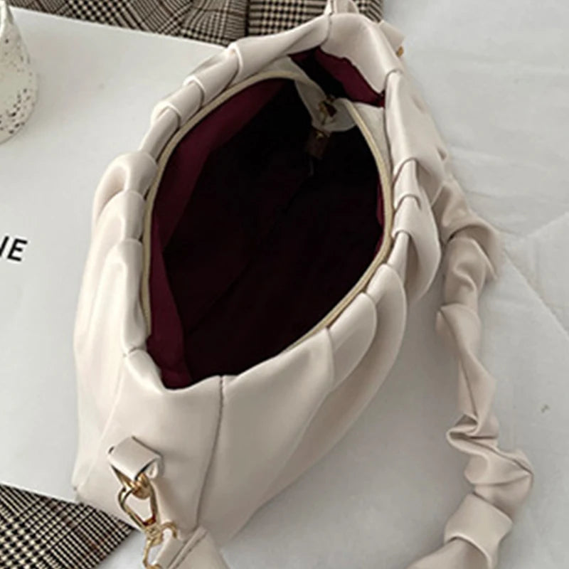 Pleated Cloud Bag For Women PU Leather Underarm Bag Solid Shoulder Bag