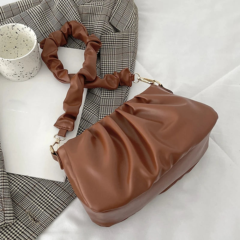 Pleated Cloud Bag For Women PU Leather Underarm Bag Solid Shoulder Bag