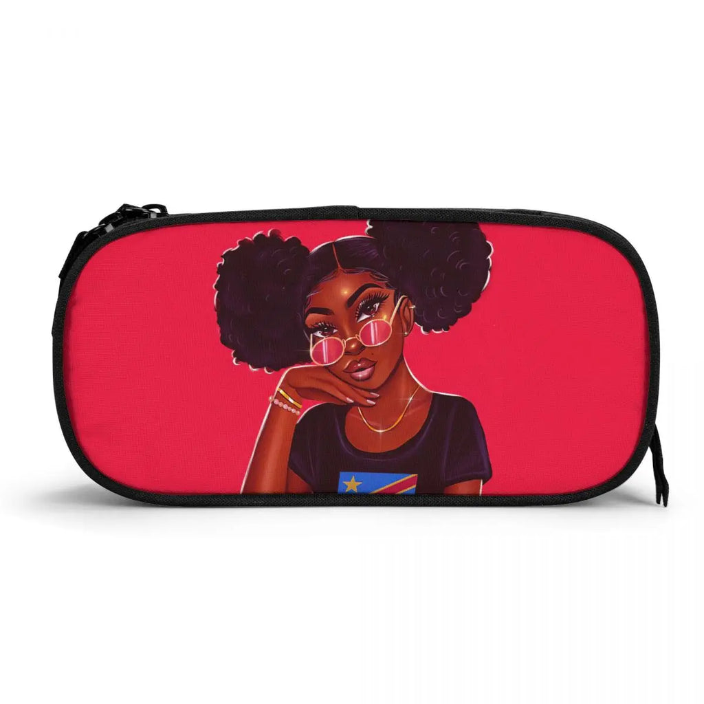 African Girls Prints Pencil Case Pen Box Women Cosmetic Bags