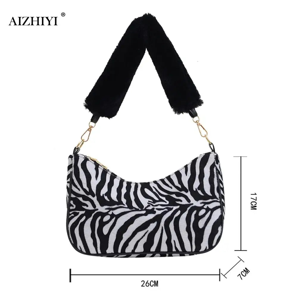 Animal Pattern Handbag Women Shoulder Top-handle Bag Plush Handle Underarm Purse