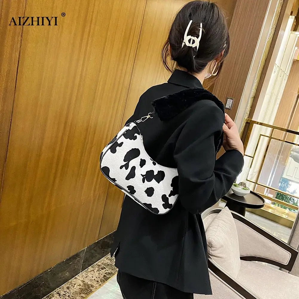 Animal Pattern Handbag Women Shoulder Top-handle Bag Plush Handle Underarm Purse