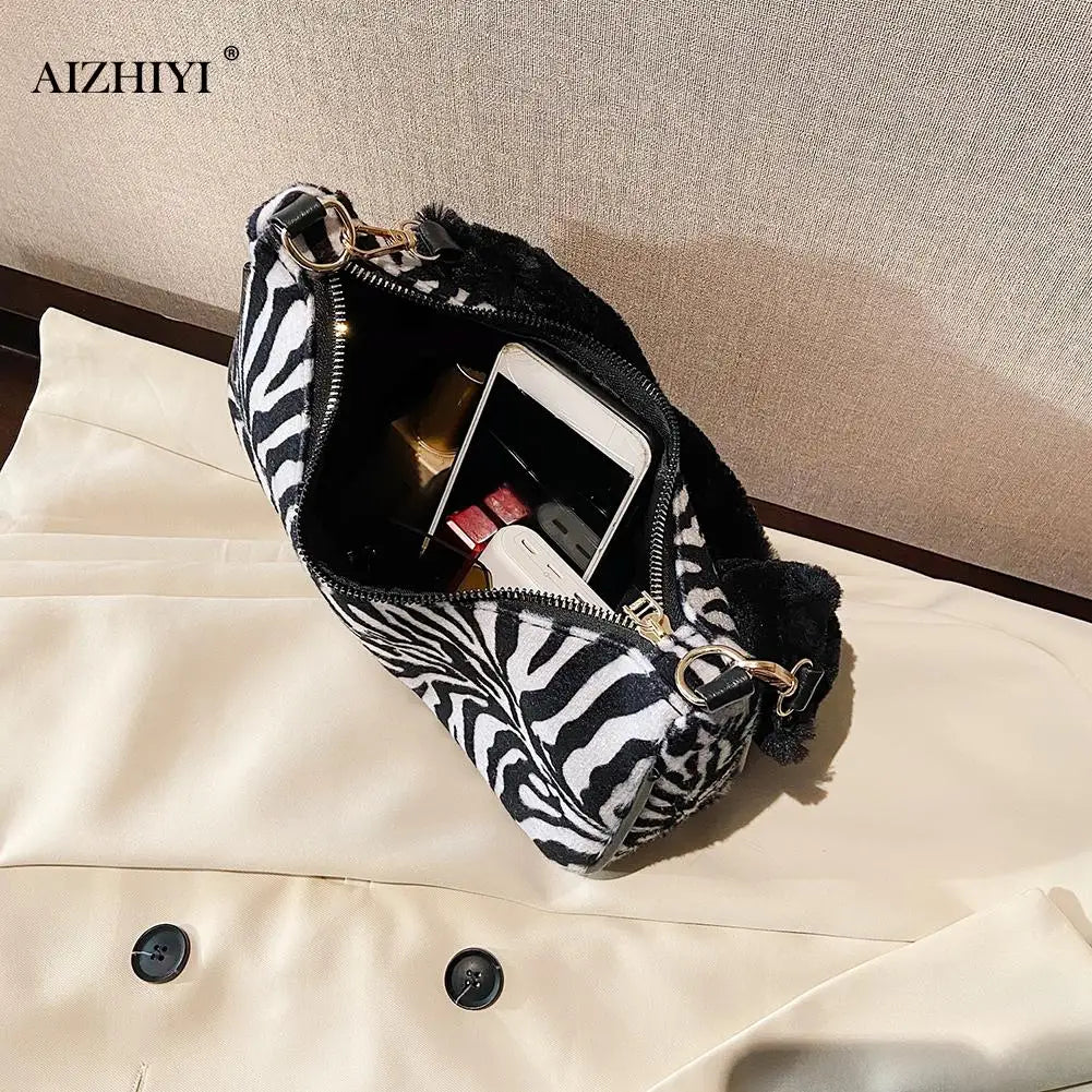 Animal Pattern Handbag Women Shoulder Top-handle Bag Plush Handle Underarm Purse