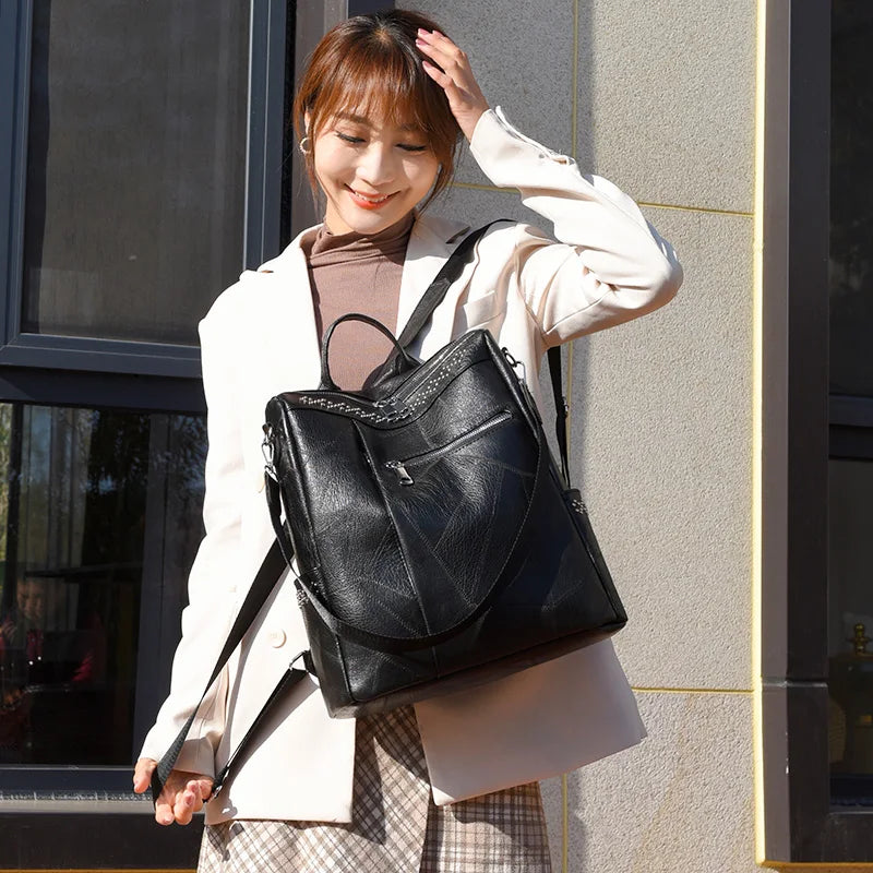Casual High Soft Leather Backpack Large Capacity School Bag