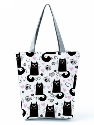 Cartoon Cat Printed Shoulder Bag Eco Reusable Tote Girl Women Gift