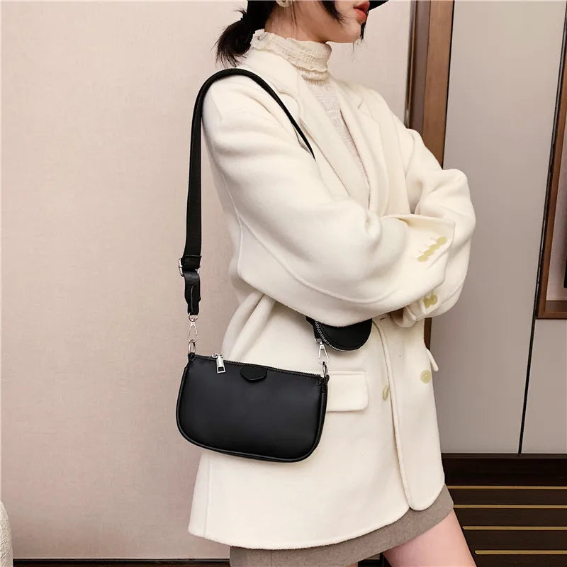 Women Leather Shoulder Bag Wide Strap Messenger Handbag