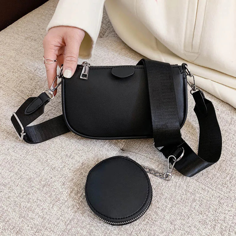 Women Leather Shoulder Bag Wide Strap Messenger Handbag