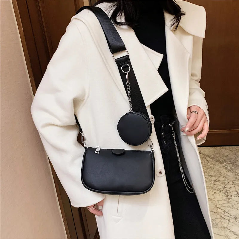 Women Leather Shoulder Bag Wide Strap Messenger Handbag