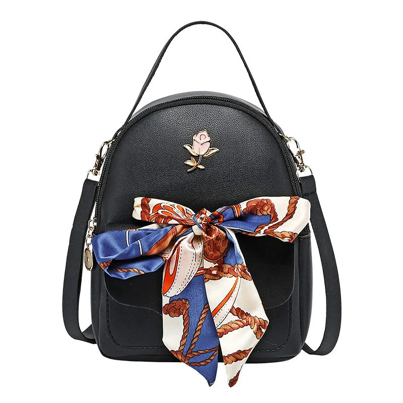 Bow Silk Scarf Women Backpack Girls Mini Small School Bckpack Casual Travel