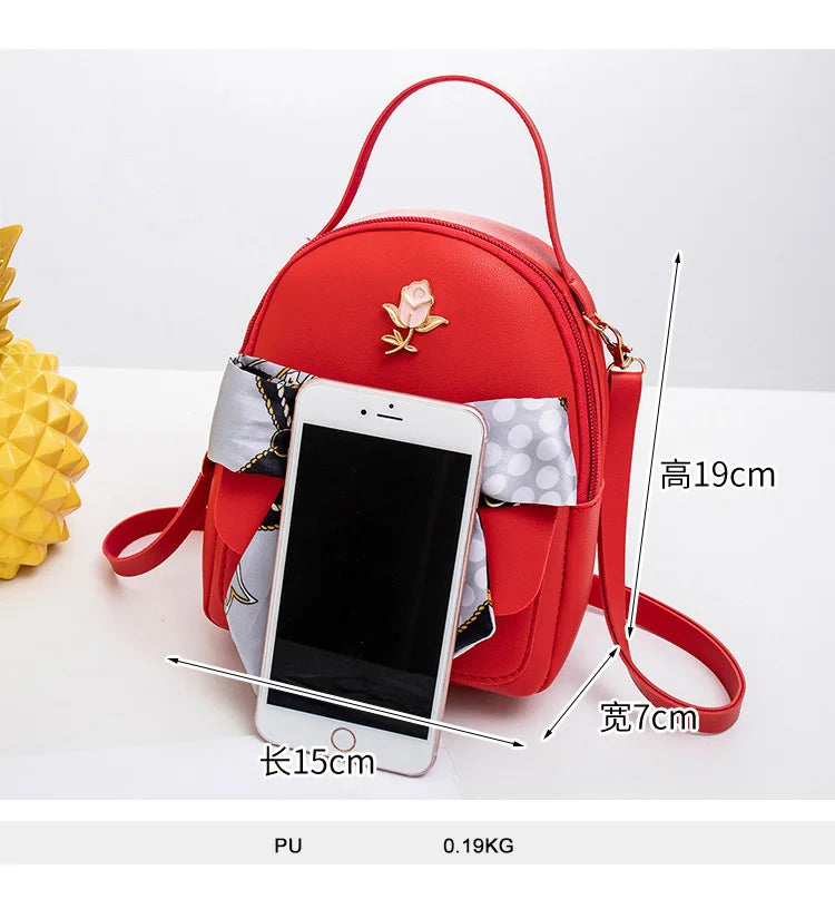Bow Silk Scarf Women Backpack Girls Mini Small School Bckpack Casual Travel