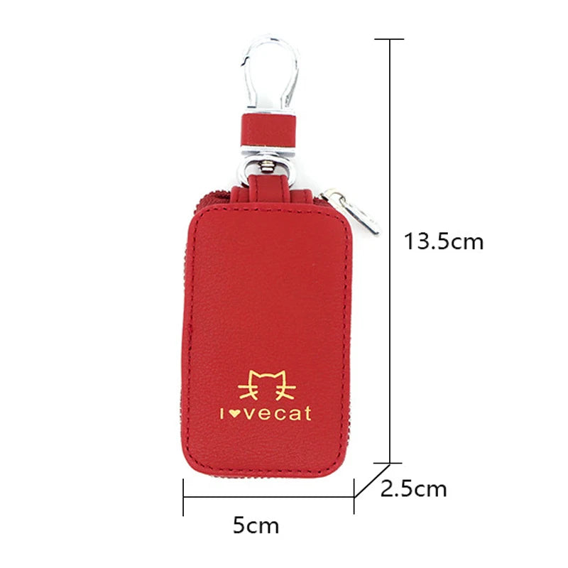 Cat Printed Leather Car Key Bag Zipper Holder Cover