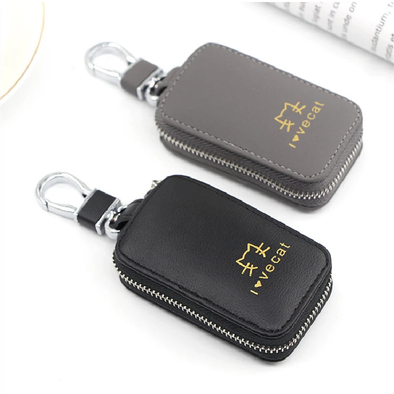 Cat Printed Leather Key Case Zipper Wallet Keychain Holder Cover