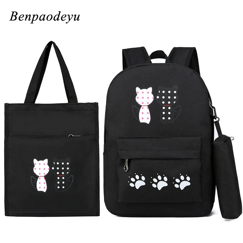 Cat Printing Kids Backpacks Girls School Bags 3pcs/set