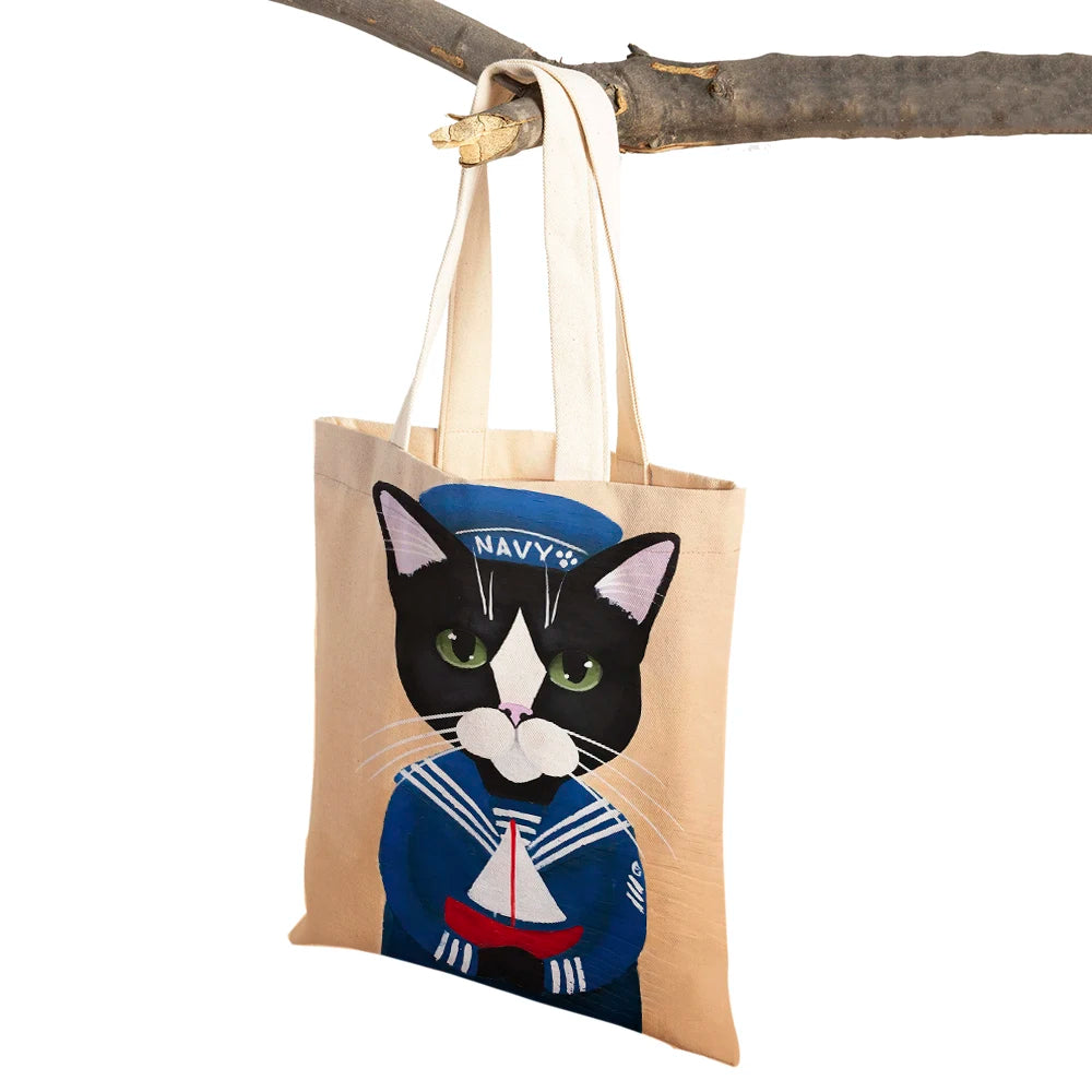 Coffee Cat Women Tote Handbag Canvas Foldable Reusable Cloth Lady Shopping Bag