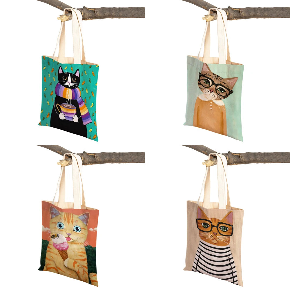 Coffee Cat Women Tote Handbag Canvas Foldable Reusable Cloth Lady Shopping Bag