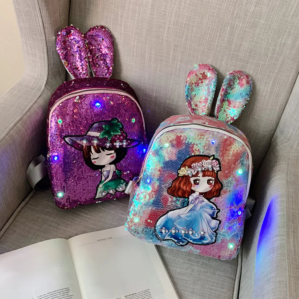 Casual Sequins Cartoon Backpacks Female LED Light Shoulders Schoolbags
