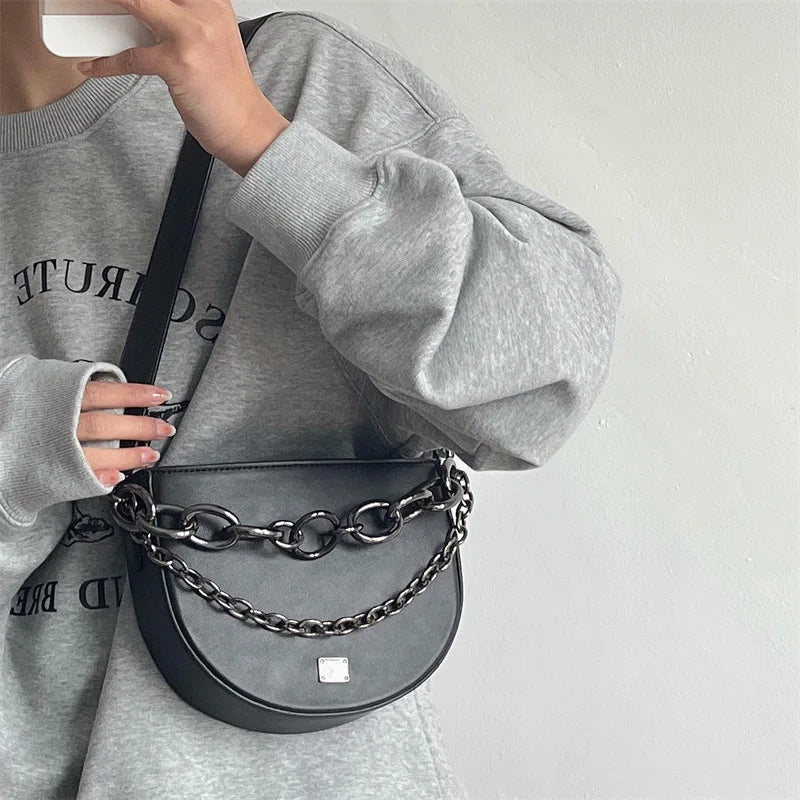 Chain Women Saddle Shoulder Bag PU Leather Female Purse Handbags Solid Ladies Cr