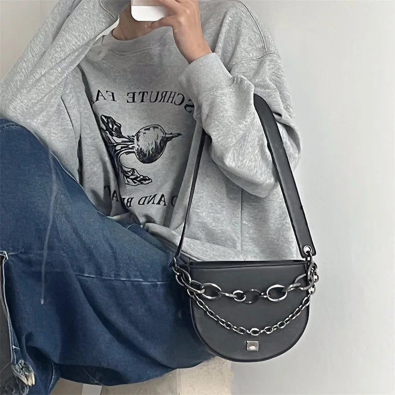 Chain Women Saddle Shoulder Bag PU Leather Female Purse Handbags Solid Ladies Cr