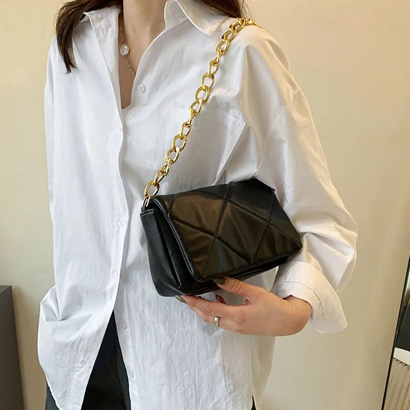 Chain Solid Handbags For Women High PU Leather Shoulder Bag
