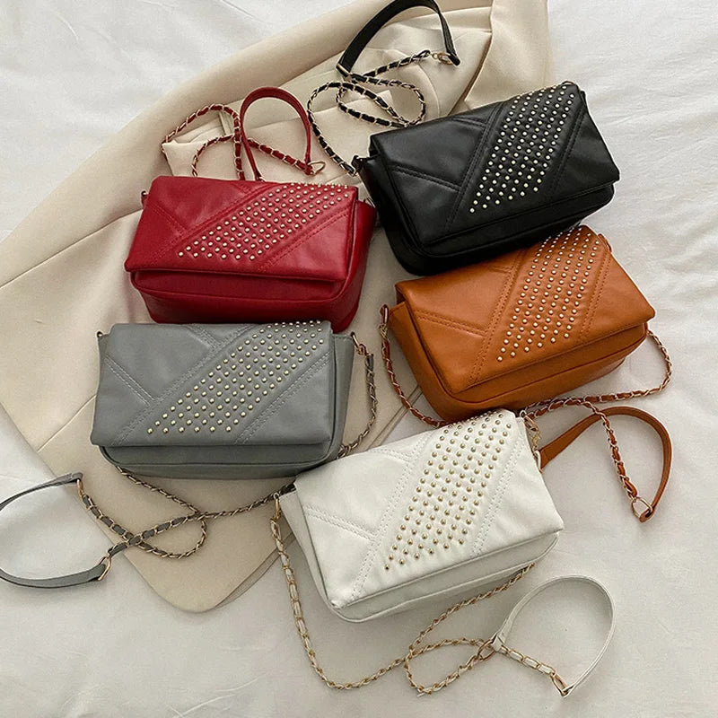 Rivet PU Leather Crossbody Bag Chain Strap Shoulder Flap Ladies Handbag