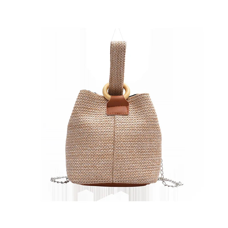 Chain Straw Woven Women Shoulder Crossbody Bag Summer Small Bucket