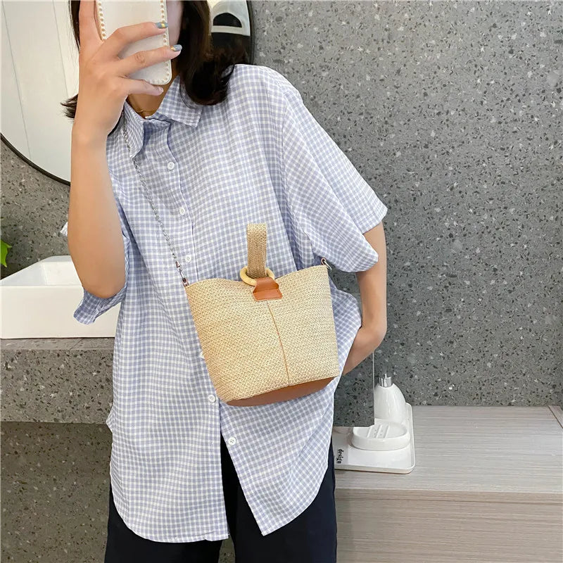Chain Straw Woven Women Shoulder Crossbody Bag Summer Small Bucket