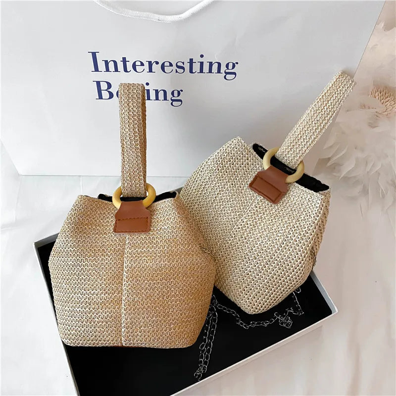 Chain Straw Woven Women Shoulder Crossbody Bag Summer Small Bucket