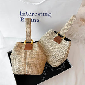 Chain Straw Woven Women Shoulder Crossbody Bag Summer Small Bucket