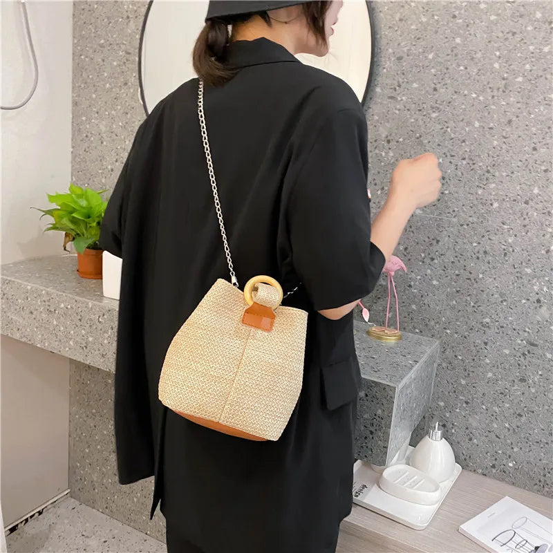 Chain Straw Woven Women Shoulder Crossbody Bag Summer Small Bucket