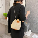 Chain Straw Woven Women Shoulder Crossbody Bag Summer Small Bucket