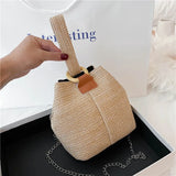 Chain Straw Woven Women Shoulder Crossbody Bag Summer Small Bucket