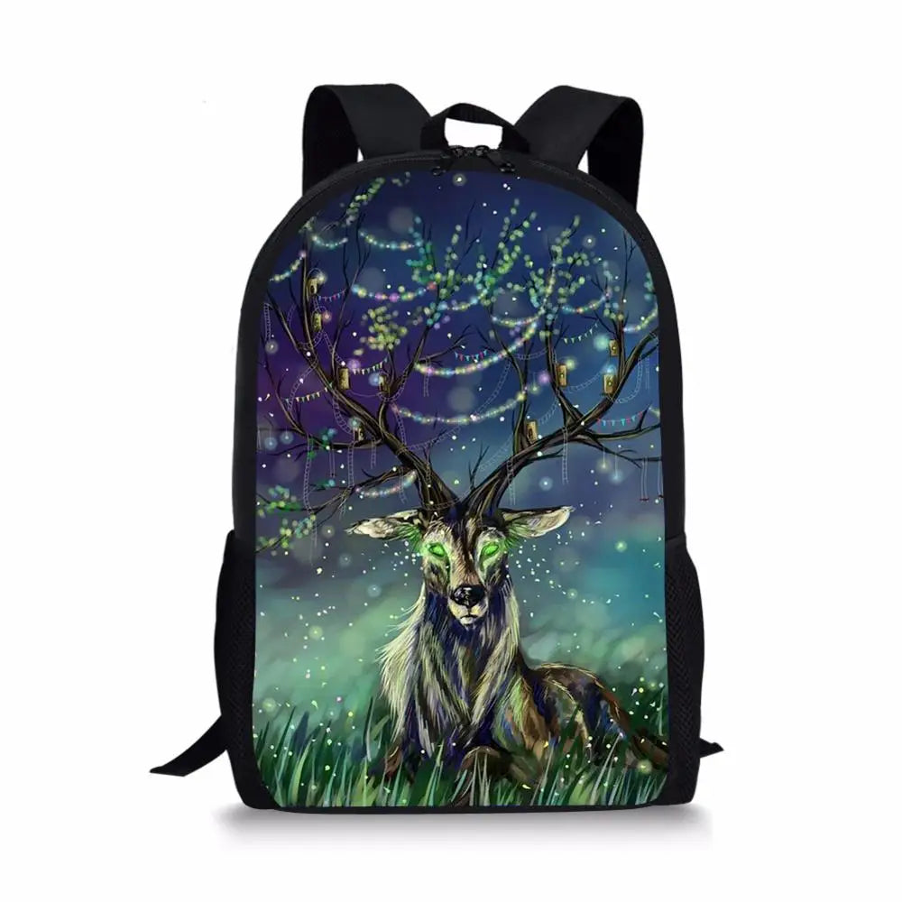 Kids Backpack Moon Deer Pattern School Book Bags Girls Travel Backpack