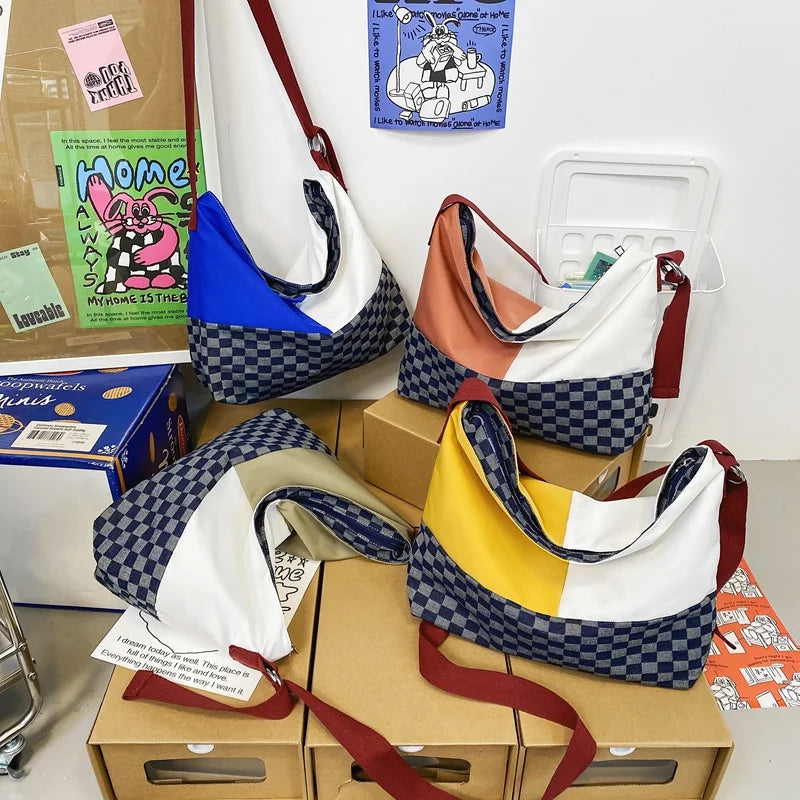 Contrasting Colors Ladies Shoulder Bags High Nylon Checkerboard Stitching