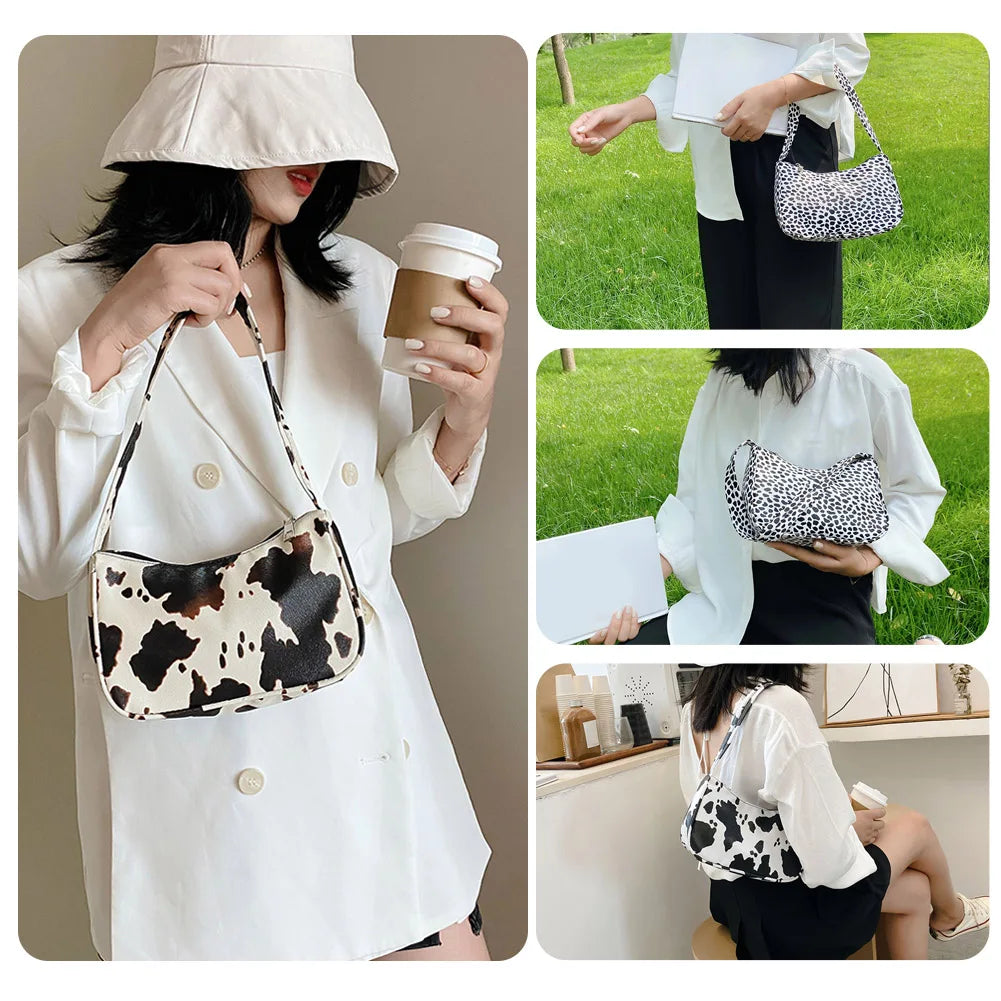Cow Dot Printed Handbag PU Leather Portable Women Small Casual Underarm