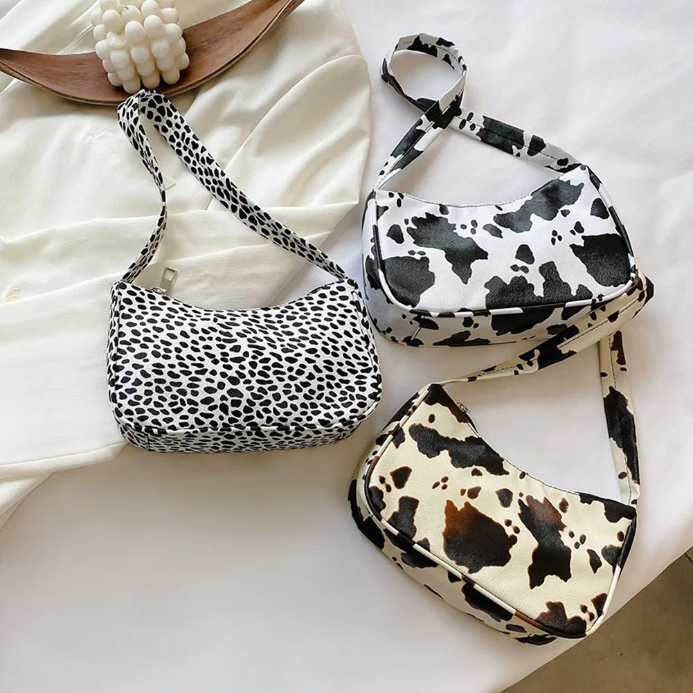 Cow Dot Printed Handbag PU Leather Portable Women Small Casual Underarm