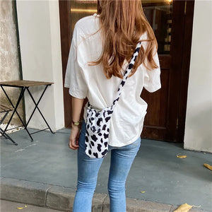 Cow Pattern Plush Crossbody Water Cup Bag Girl Student Small Bucket Handbag